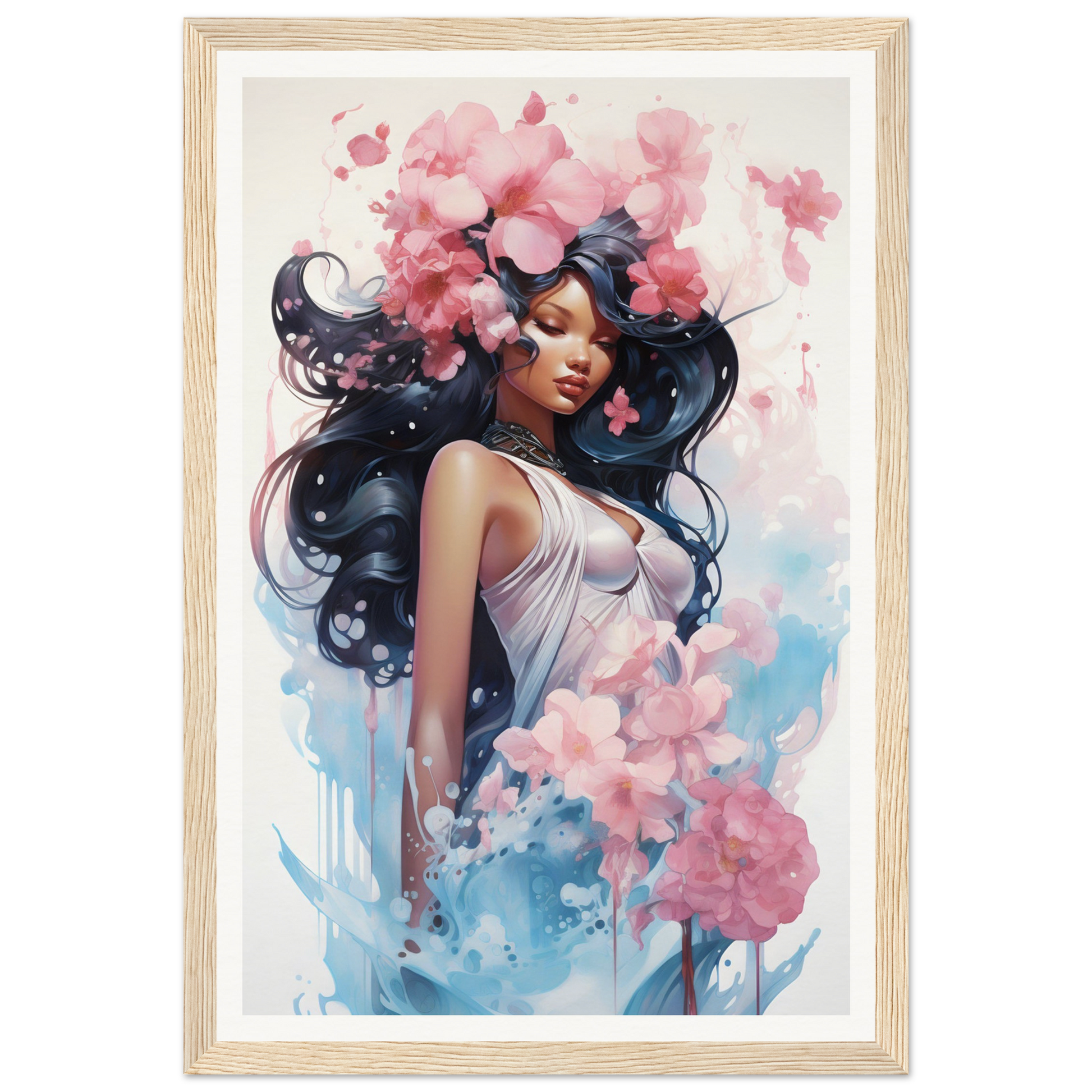 A framed print of a woman with flowers in her hair