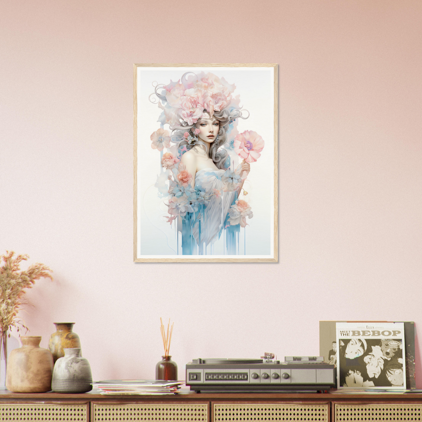 A framed print of a woman with flowers on her head