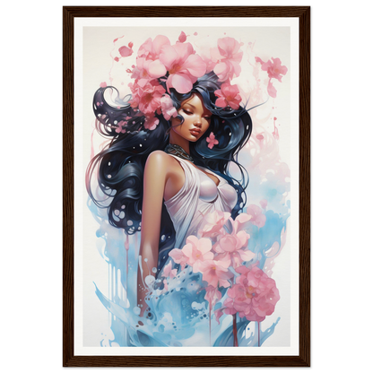 A framed print of a woman with flowers in her hair