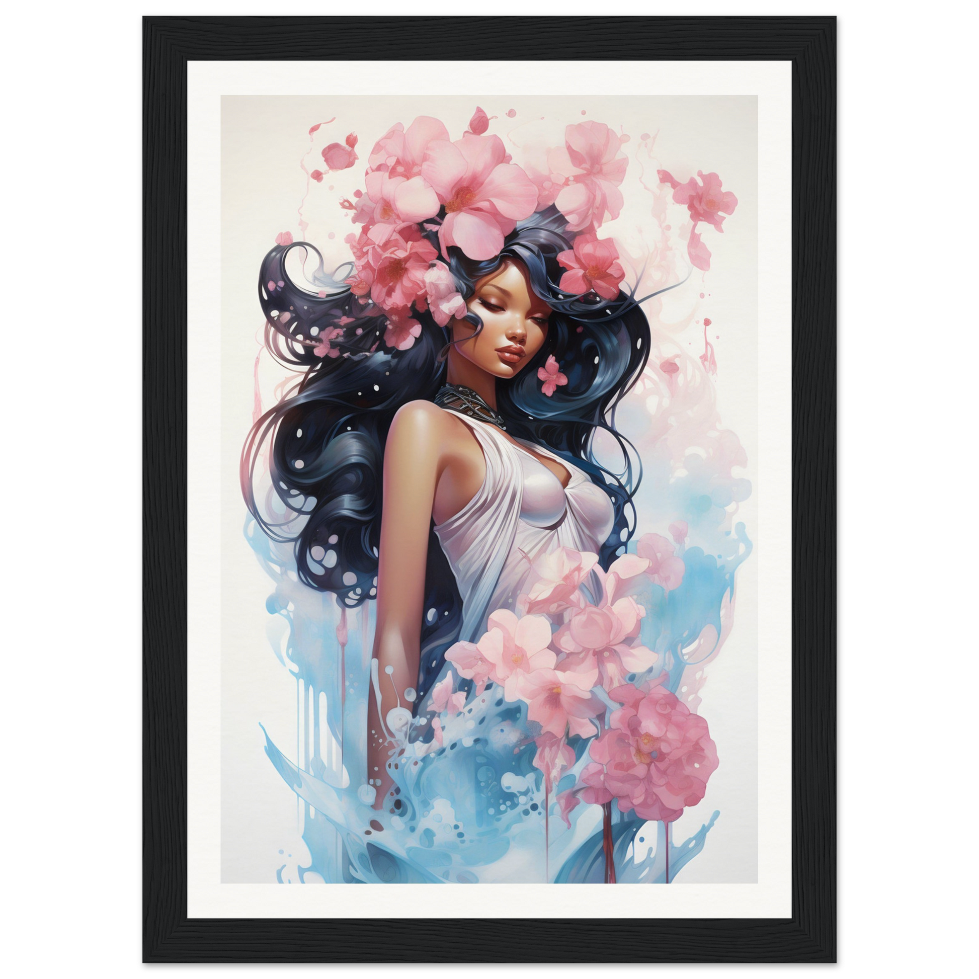 A framed print of a woman with flowers in her hair