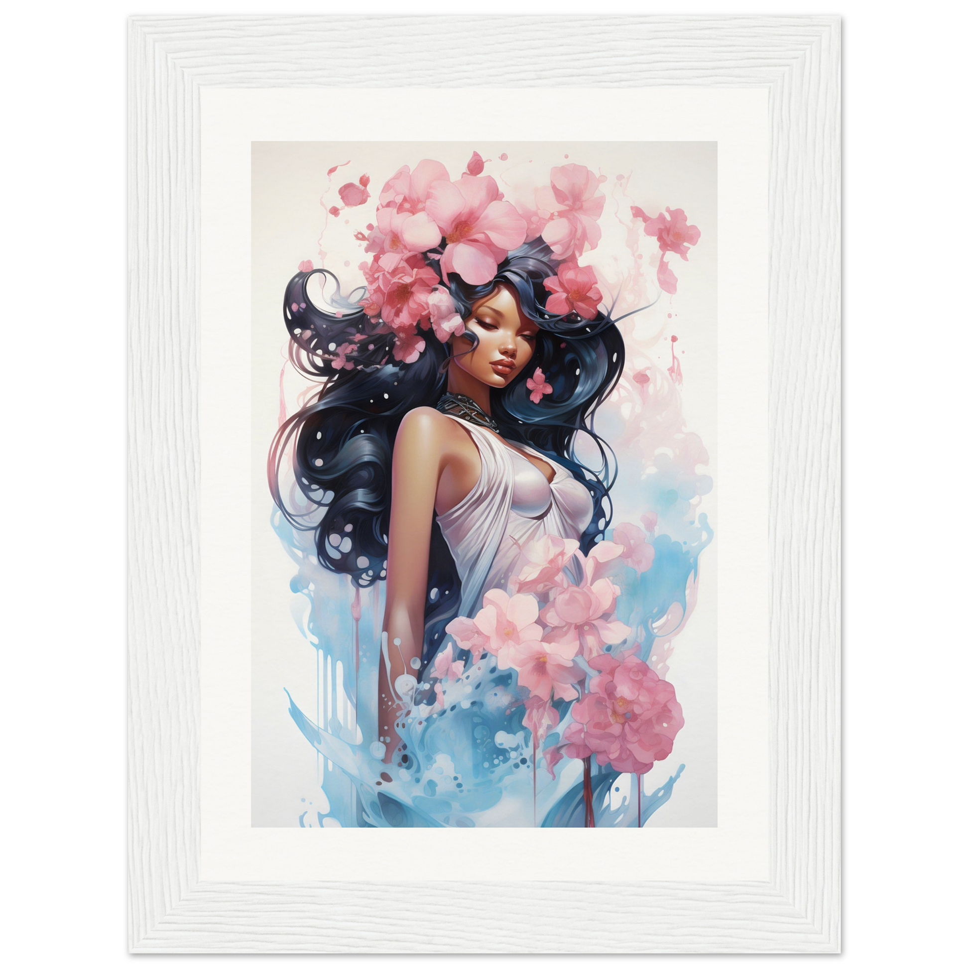 A framed print of a woman with flowers in her hair