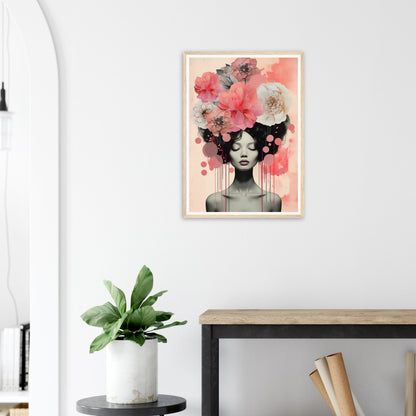 A framed print of a woman with flowers in her hair