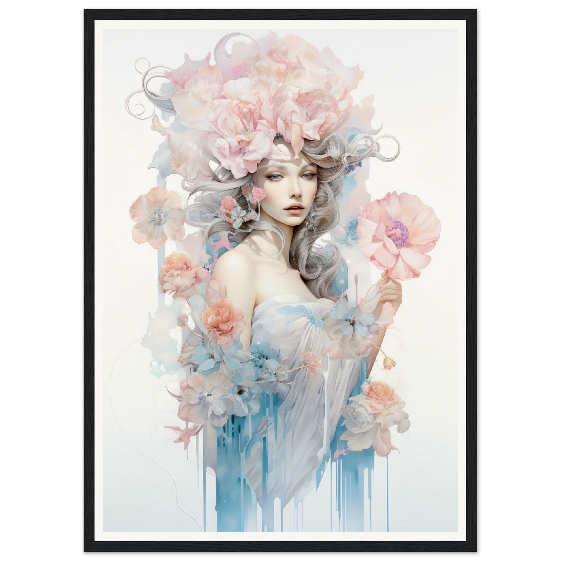 A framed print of a woman with flowers in her hair