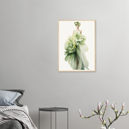 A framed print of a woman in a green dress