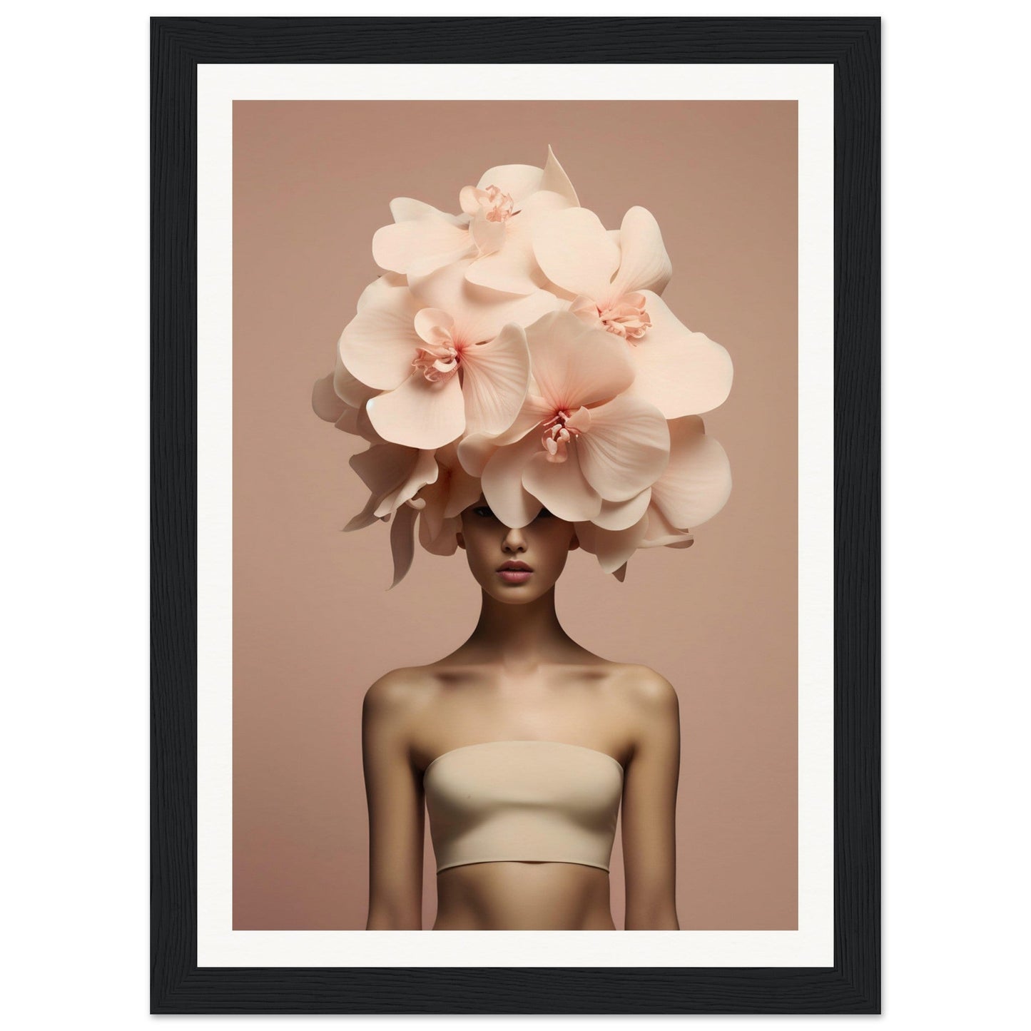 A framed print of a woman with a large flower on her head