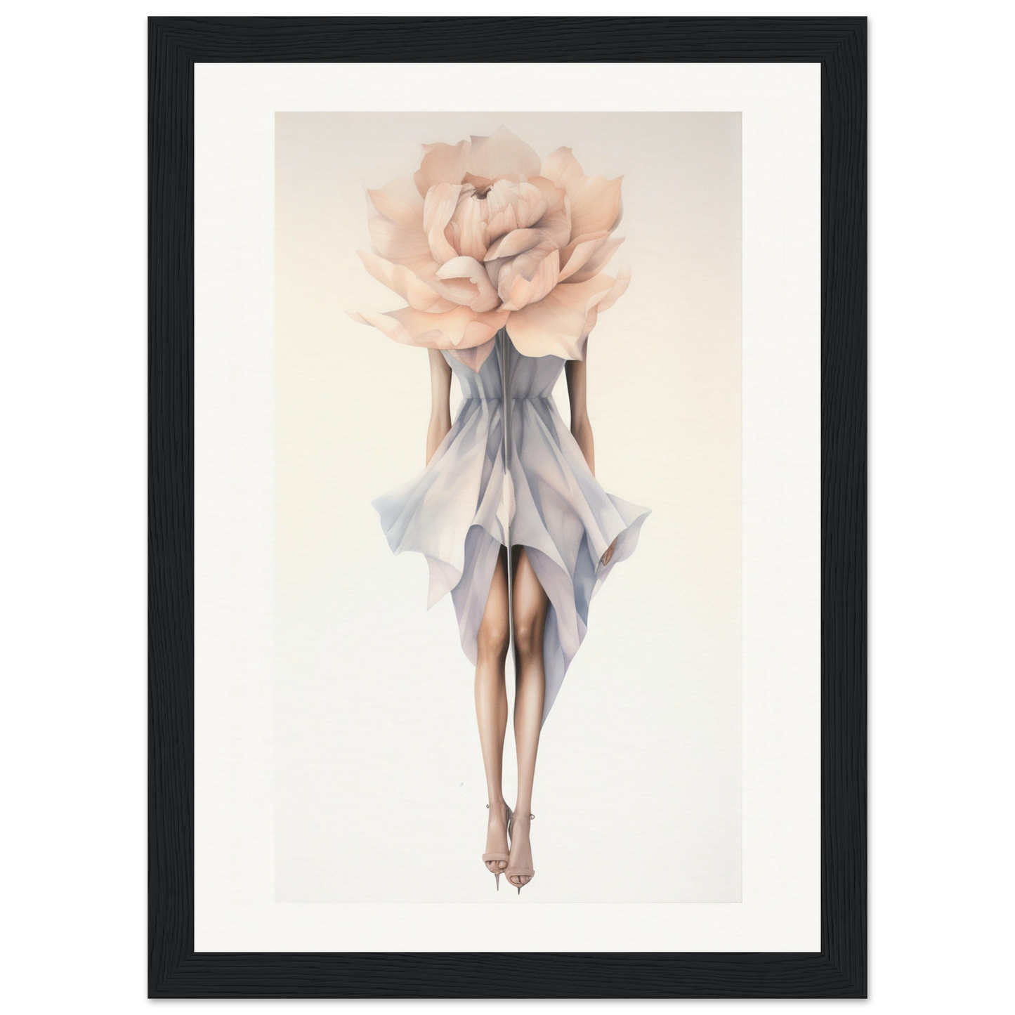 A framed print of a woman with a large flower