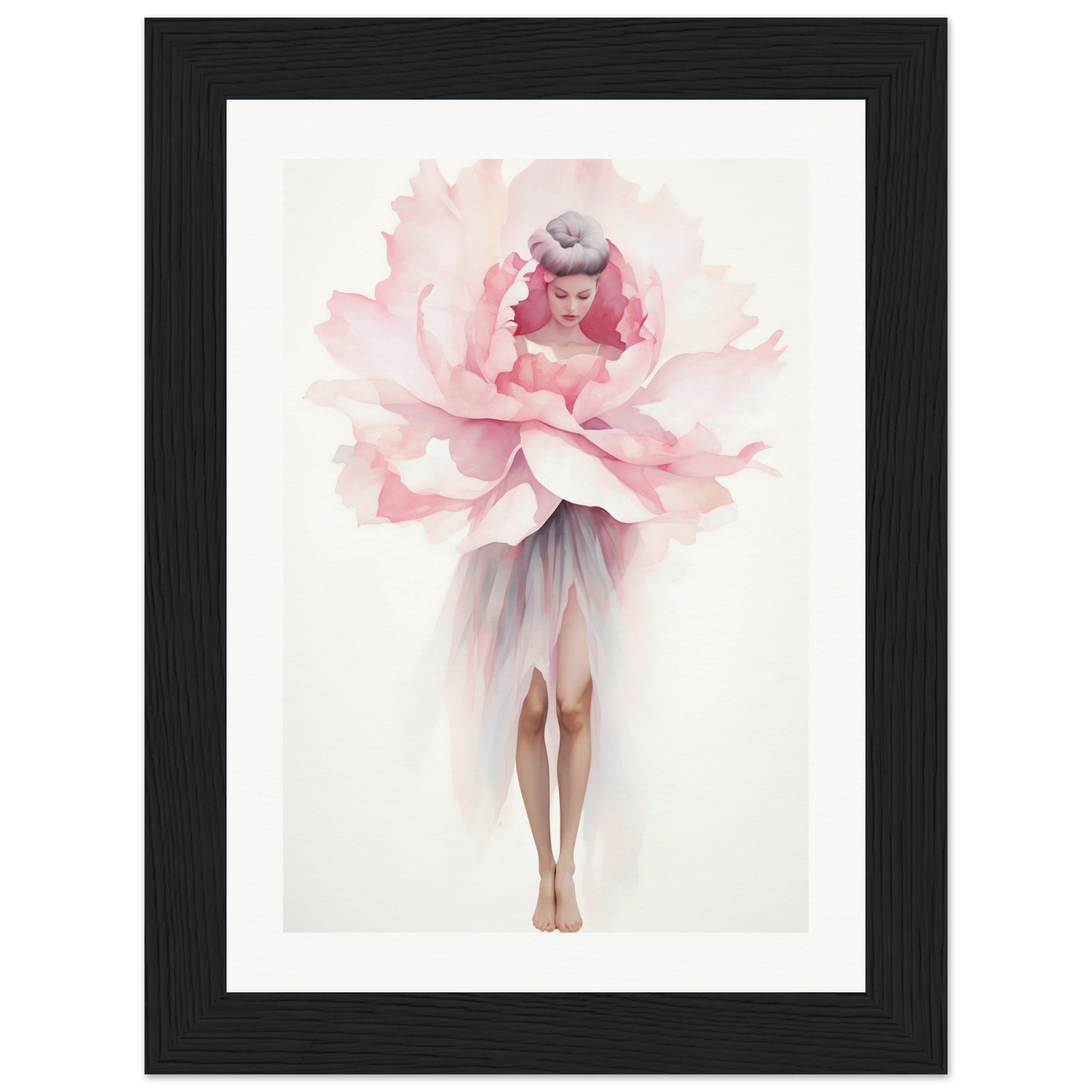 A framed print of a woman in a pink dress with a large flower