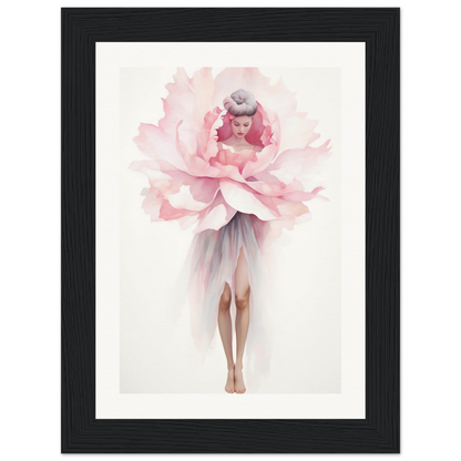 A framed print of a woman in a pink dress with a large flower