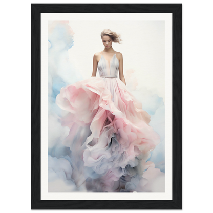 A framed print of a woman in a pink dress