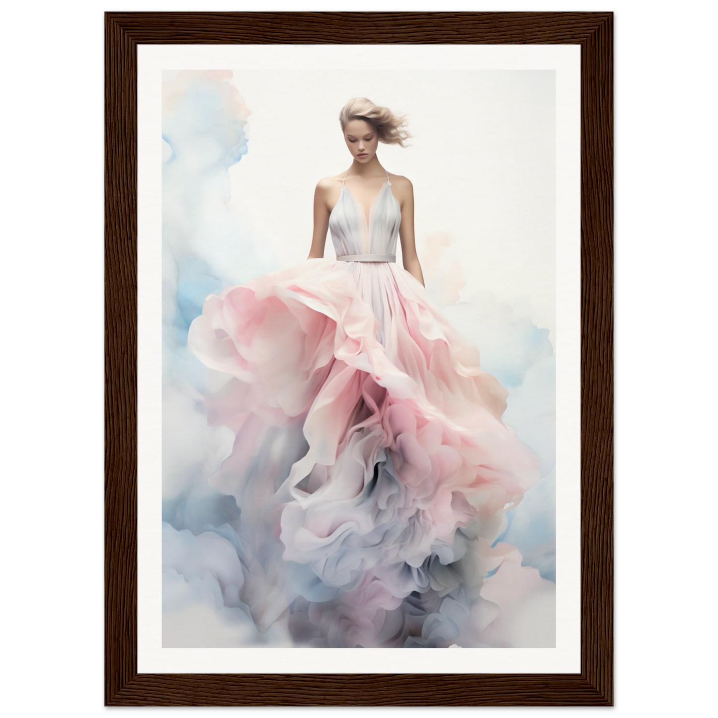 A framed print of a woman in a pink dress