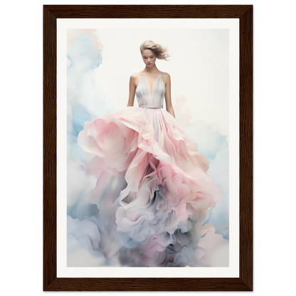 A framed print of a woman in a pink dress