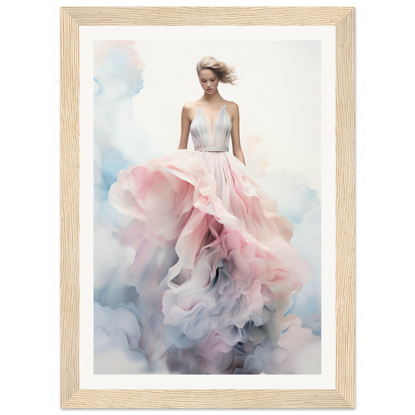 A framed print of a woman in a pink dress