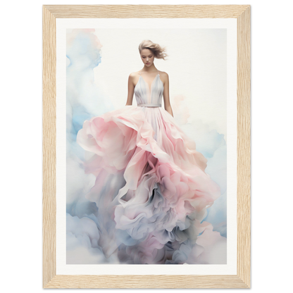 A framed print of a woman in a pink dress