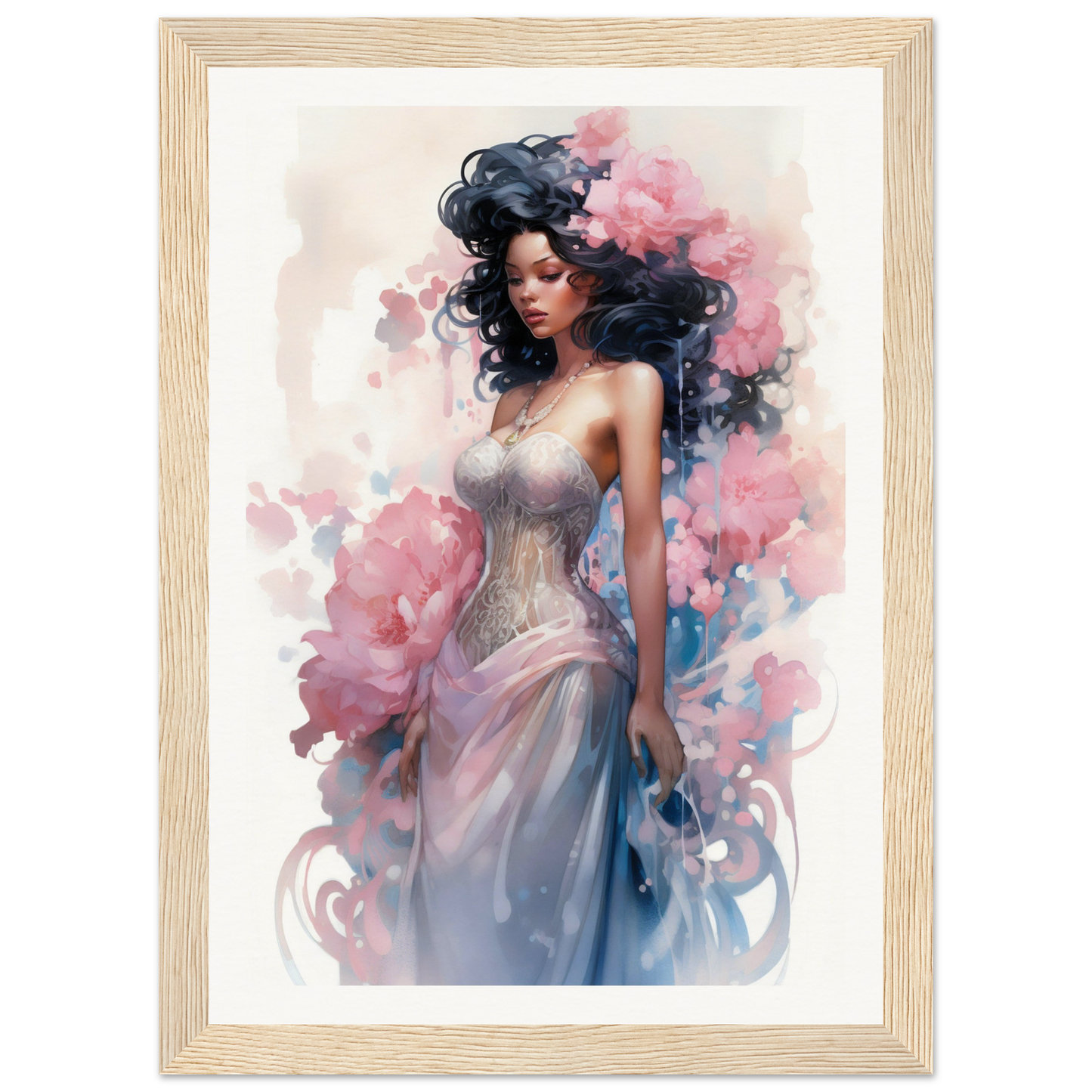 A framed print of a woman in a pink dress