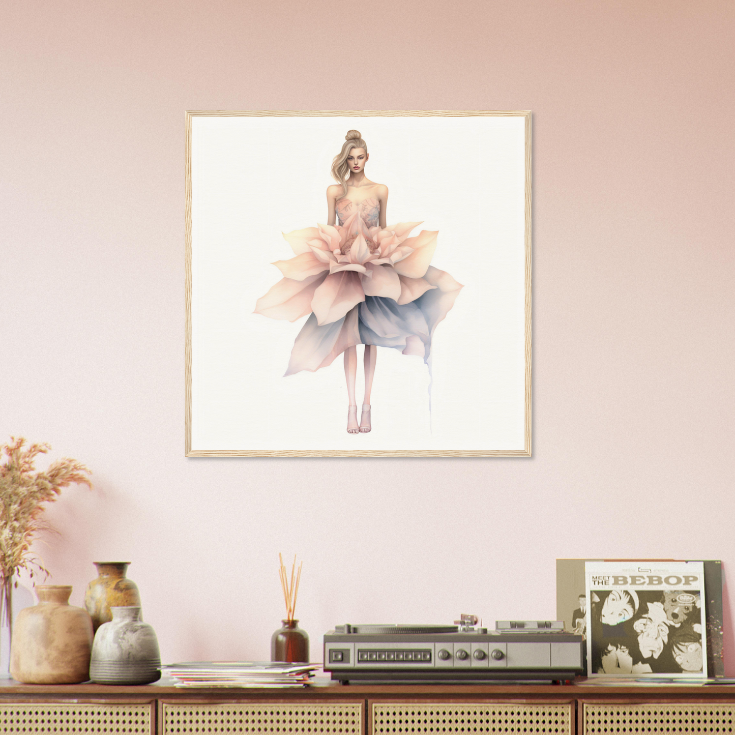 An illustration of a woman in a flower dress, transformed into an "A Flower And A Lover Aquarelles D The Oracle Windows™ Collection" art, perfect to decorate your space.