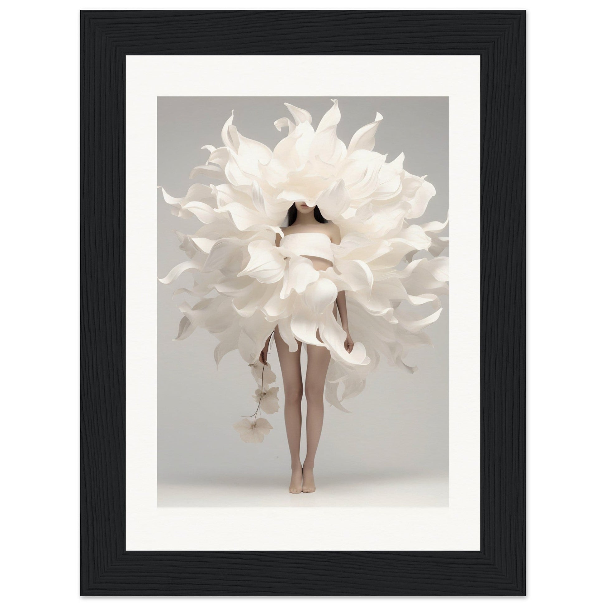 A framed print of a woman in a white dress with large white flowers