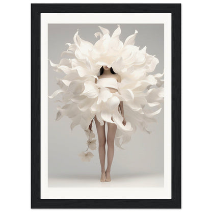 A framed print of a woman in a white dress with large white flowers