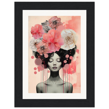 A framed print with a woman’s face and flowers in her hair