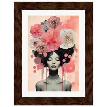 A framed print with a woman’s face and flowers in her hair