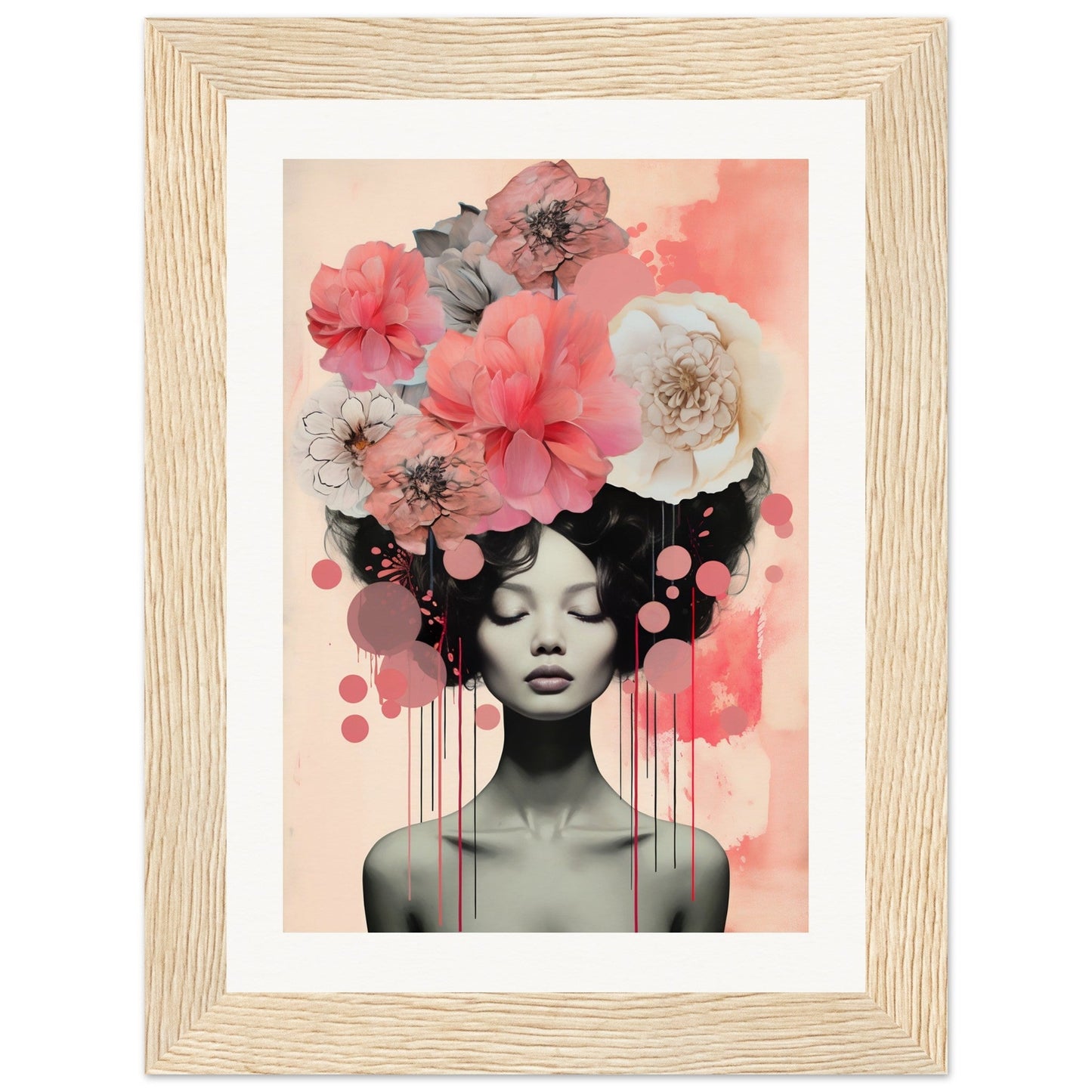 A framed print with a woman’s face and flowers in her hair