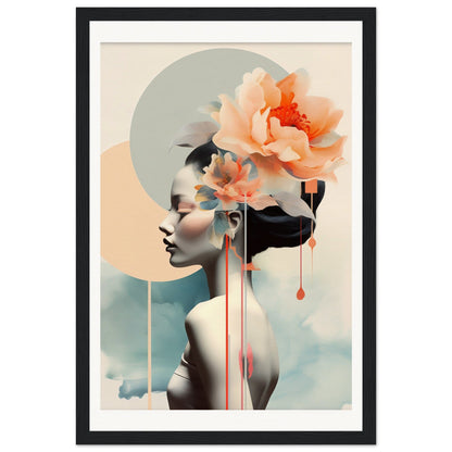 A framed print with a woman’s face and flowers