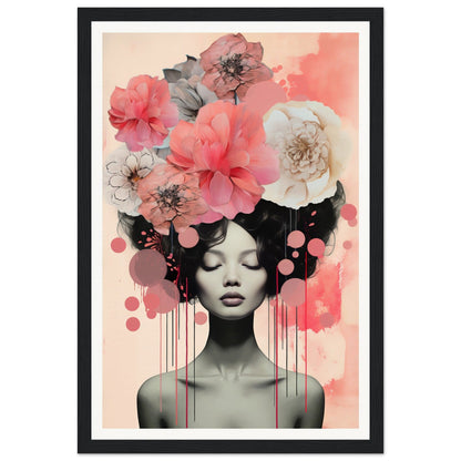 A framed print with a woman’s face and flowers on her head