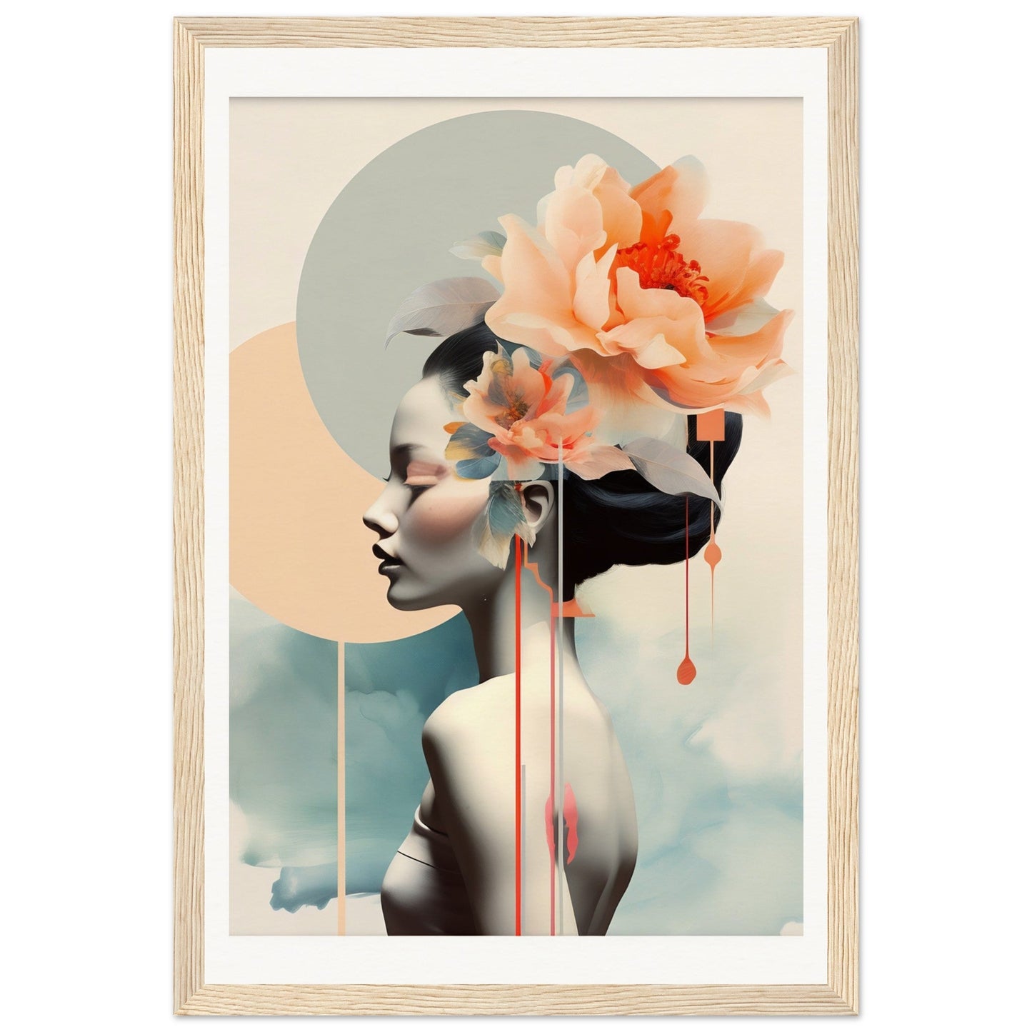 A framed print with a woman’s face and flowers