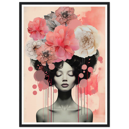 A framed print with a woman’s face and flowers on it