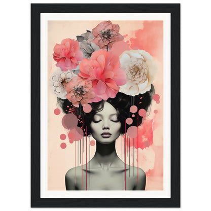 A framed print with a woman’s face and flowers on it