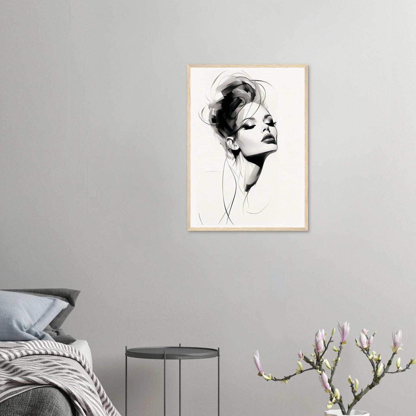 A framed print of a woman’s face