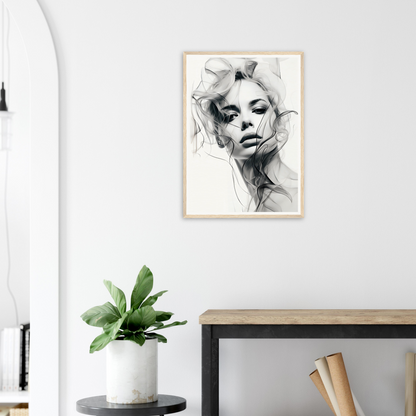 A framed print of a woman’s face on a wall