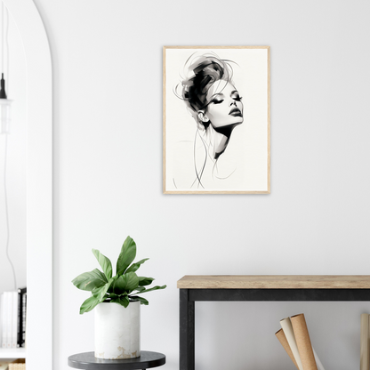 A framed print of a woman’s face on a wall