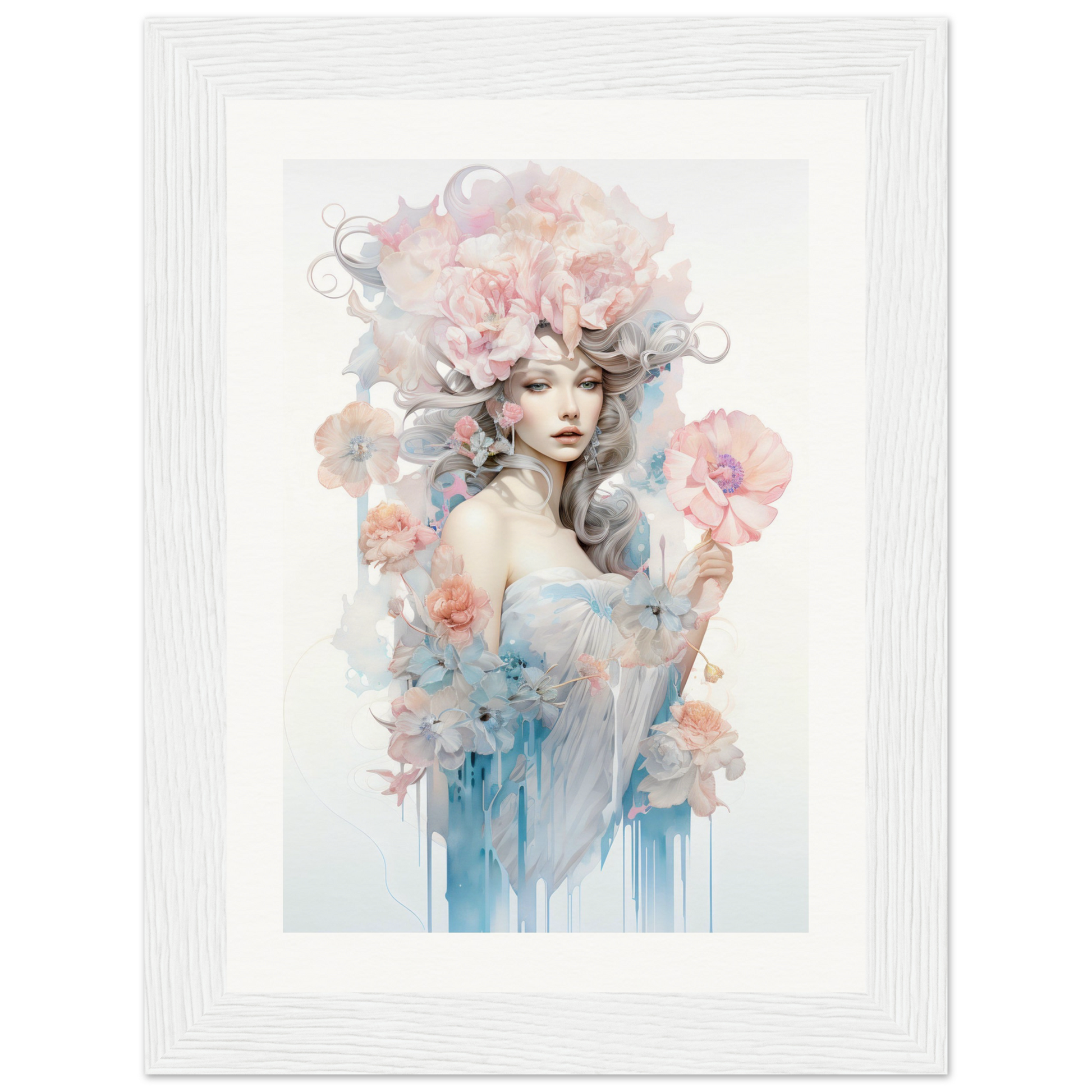 A framed print with a woman’s face and flowers