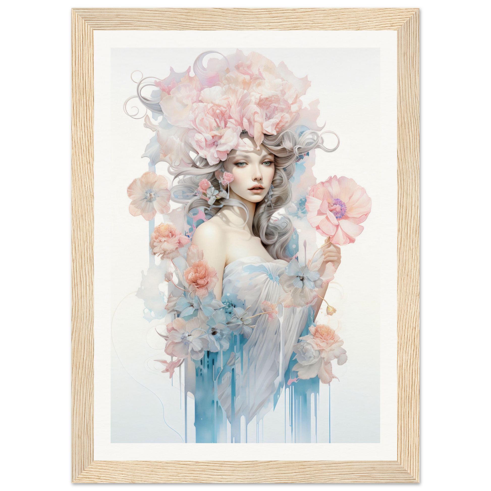 A framed print with a woman’s face and flowers