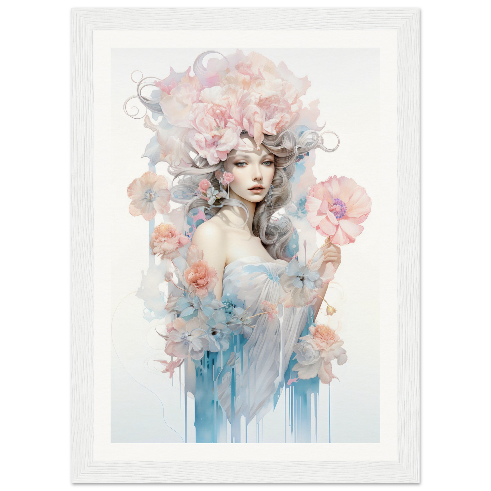 A framed print with a woman’s face and flowers