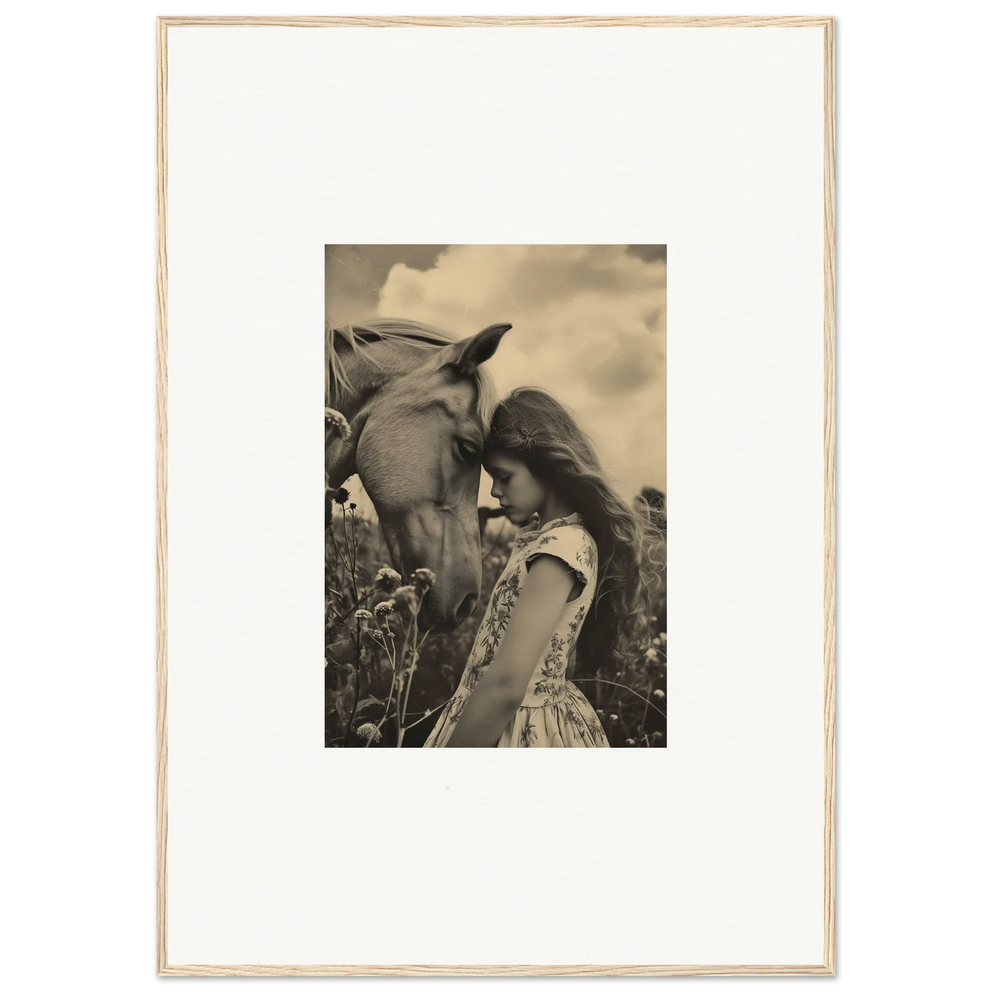 Framed sepia photograph of young girl and horse, perfect for room decor and whisper forever