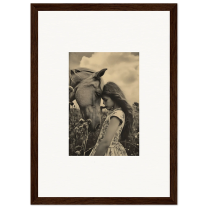 Framed wall art of a young girl touching a horse, perfect for whisper forever room decor