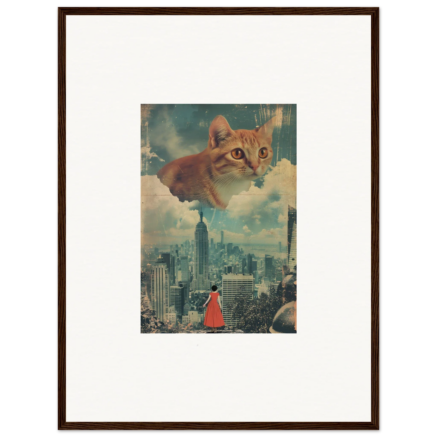 Framed wall art of a giant cat’s face above a city skyline for unique room decor