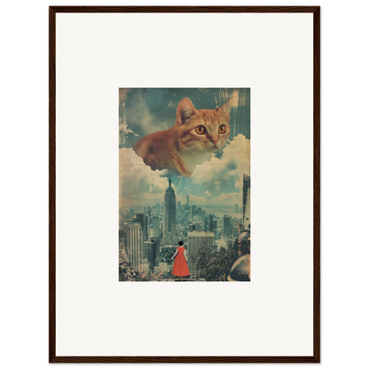 Framed wall art of a giant cat’s face above a city skyline for unique room decor