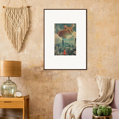 Framed surreal wall art of a giant cat over a cityscape, perfect for room decor