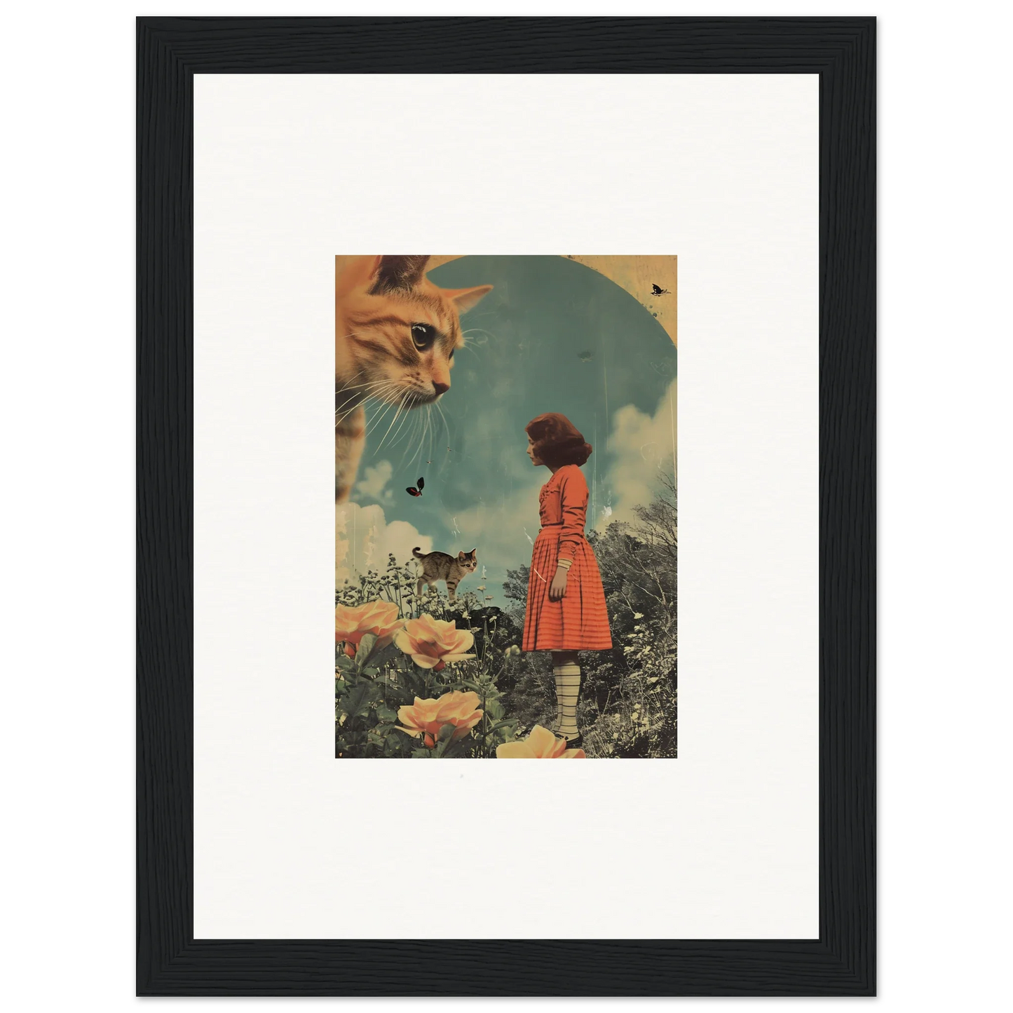 Framed surrealist wall art featuring giant cat face and woman among flowers for any room decor