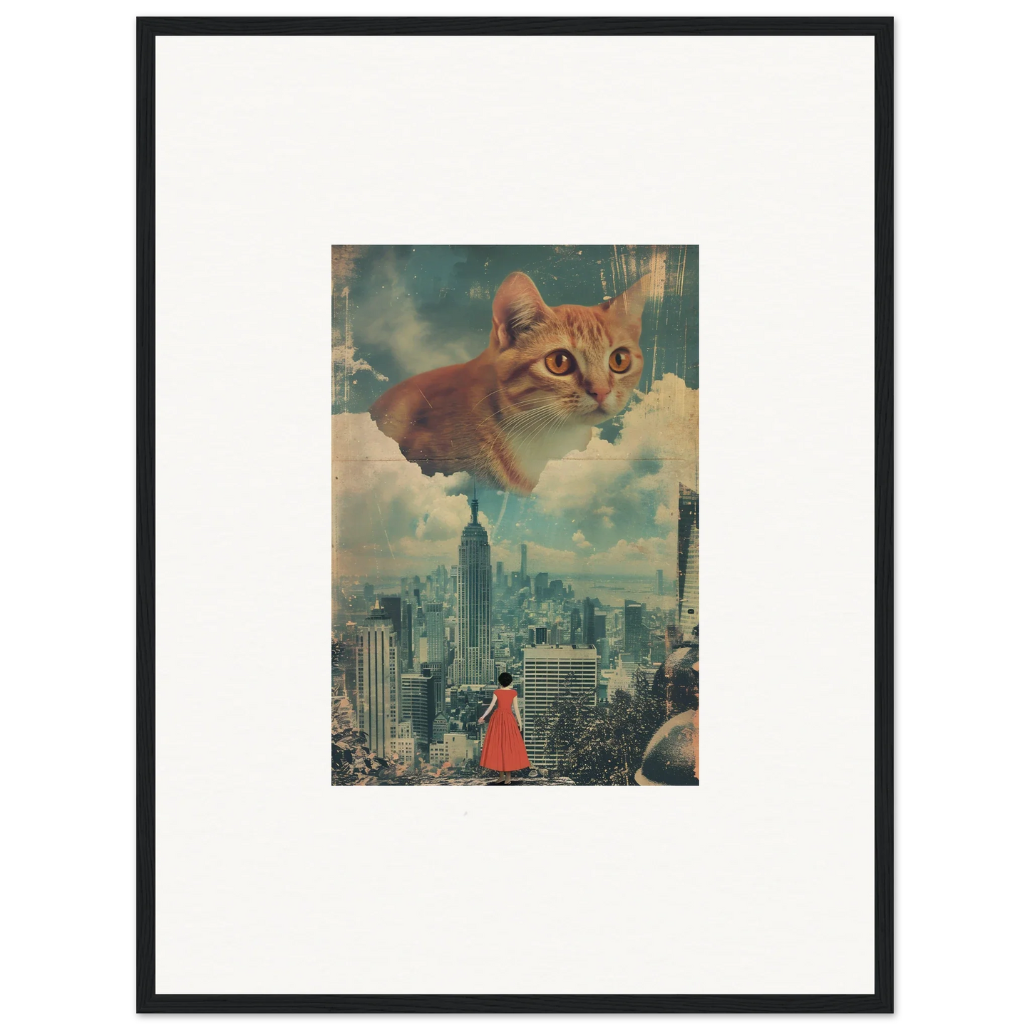 Framed surrealist wall art featuring a giant cat face over a city skyline, perfect for room decor