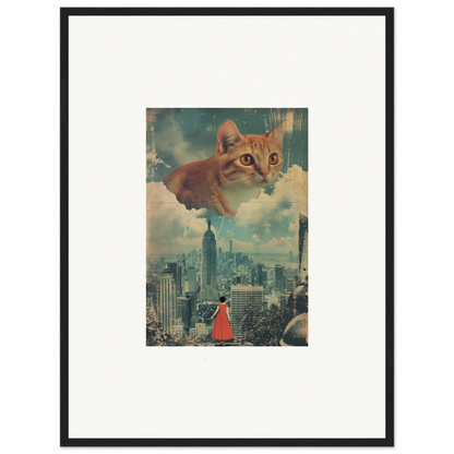 Framed surrealist wall art featuring a giant cat face over a city skyline, perfect for room decor