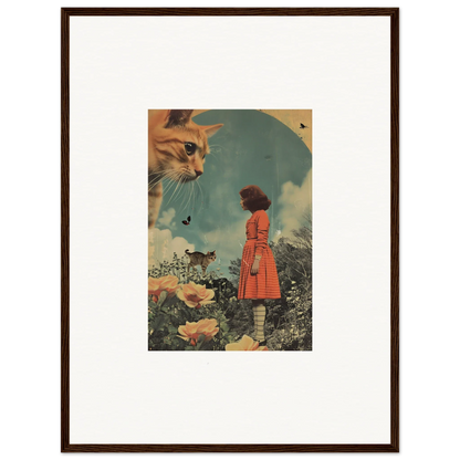 Framed wall art featuring surreal giant cat head above person in red coat and flowers