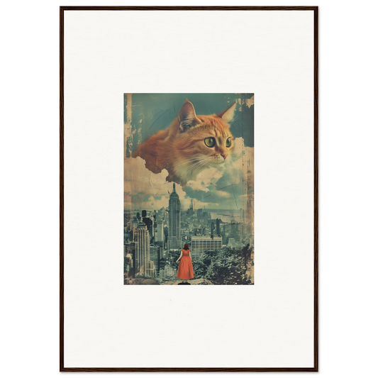 Framed wall art featuring surreal cat visions over a cityscape with a small figure