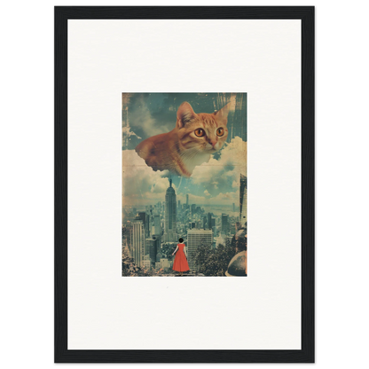 Framed surrealist wall art of a giant cat over a cityscape for unique room decor