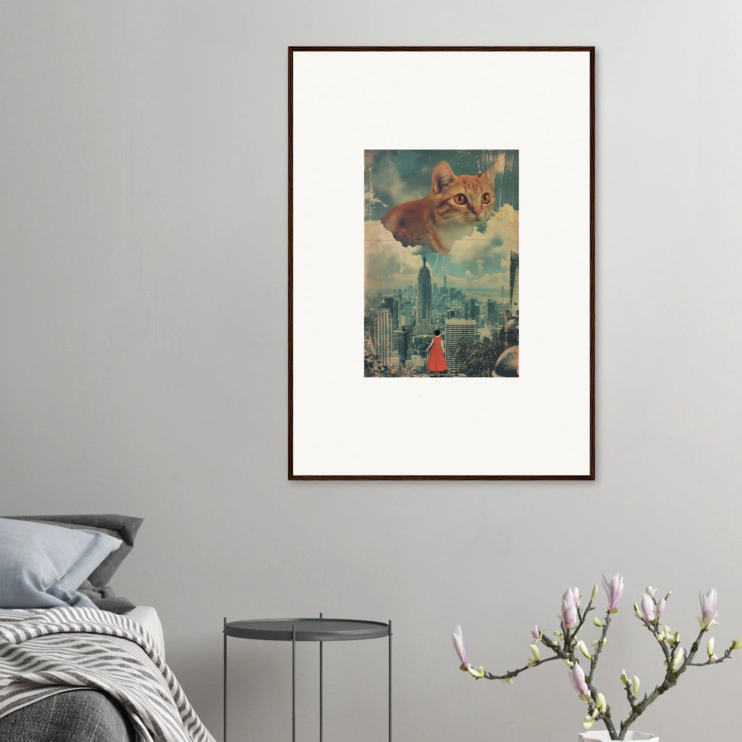 Framed surrealist wall art of a giant cat’s head in cloud ascent over a cityscape