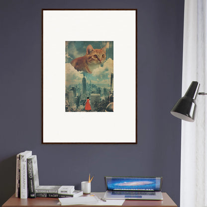 Framed surrealist wall art of a giant cat’s face over a cityscape for unique room decor