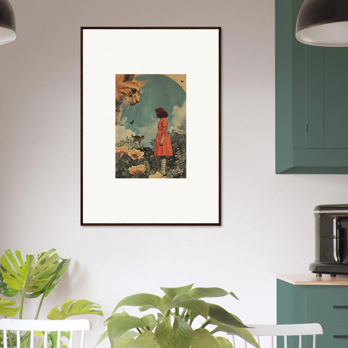 Framed surrealist artwork featuring feline dimensions and a dreamlike landscape for room decor