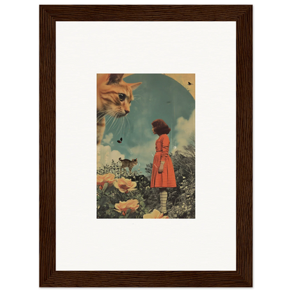 Framed surrealist wall art featuring a woman in a red coat and oversized cat’s face for room decor